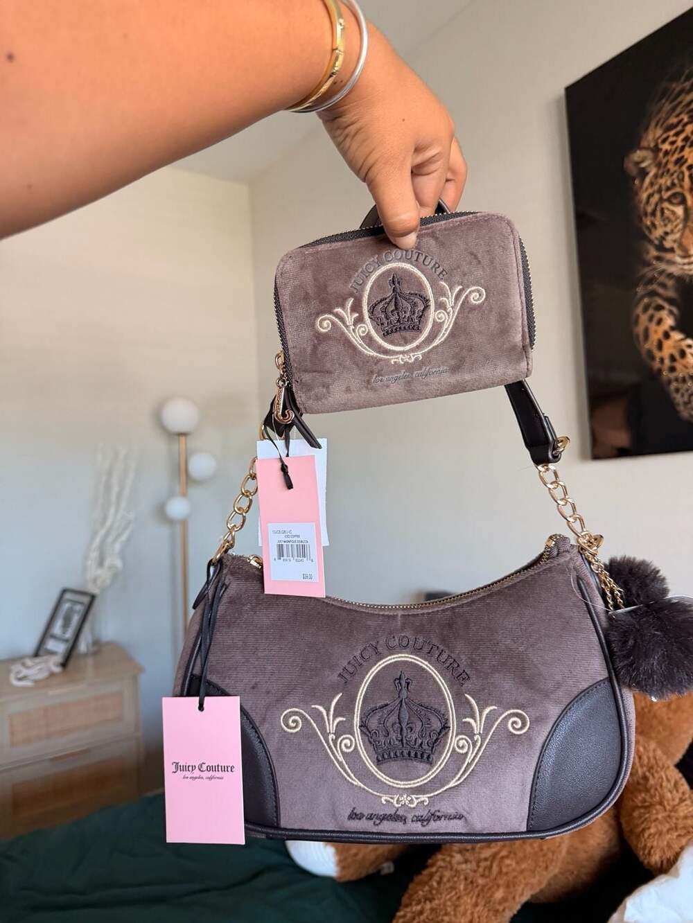 Set-2 Juicy Couture Magnifique Shoulder Bag+Wallet Iced Coffee Velour Purse Nwt